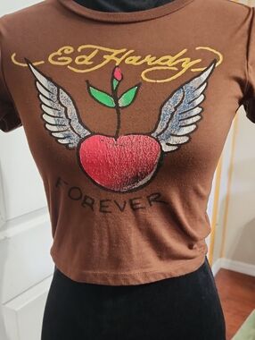 Ed Hardy Brown Crop Top with Red Winged Heart "Forever"